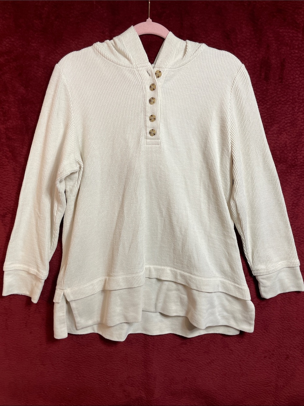 ❤️J. Jill Ivory Cream Textured Henley Hoodie Tunic with Buttons, Ribbed, M